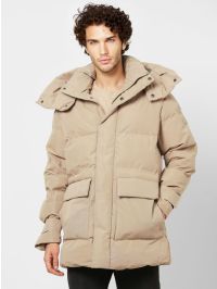 BEIGE HOODED LONG PUFFER JACKET